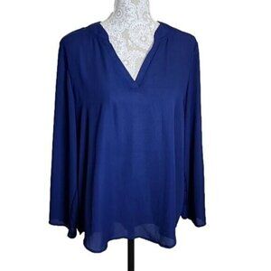 Roswear Blouse Top Long Sleeve Roll-tab Navy Blue V-neck Women's XL